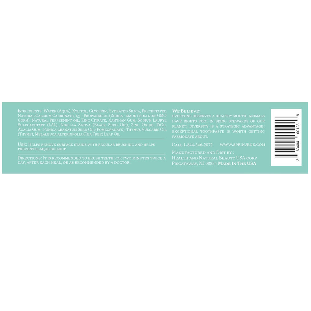 Quality and safety assurance label for USA-made SprinJene toothpaste