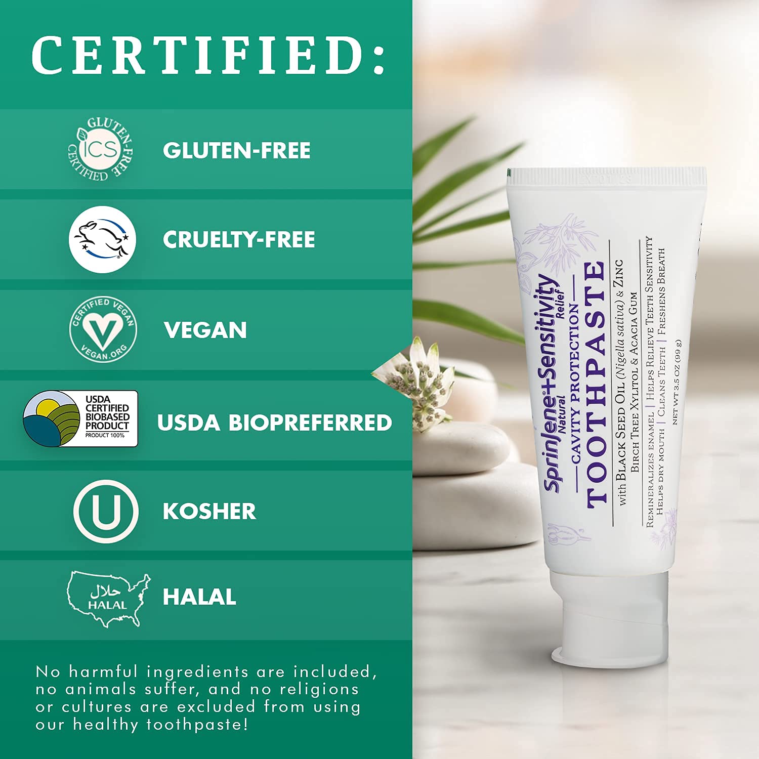 Vegan, cruelty-free, halal and kosher certified toothpaste