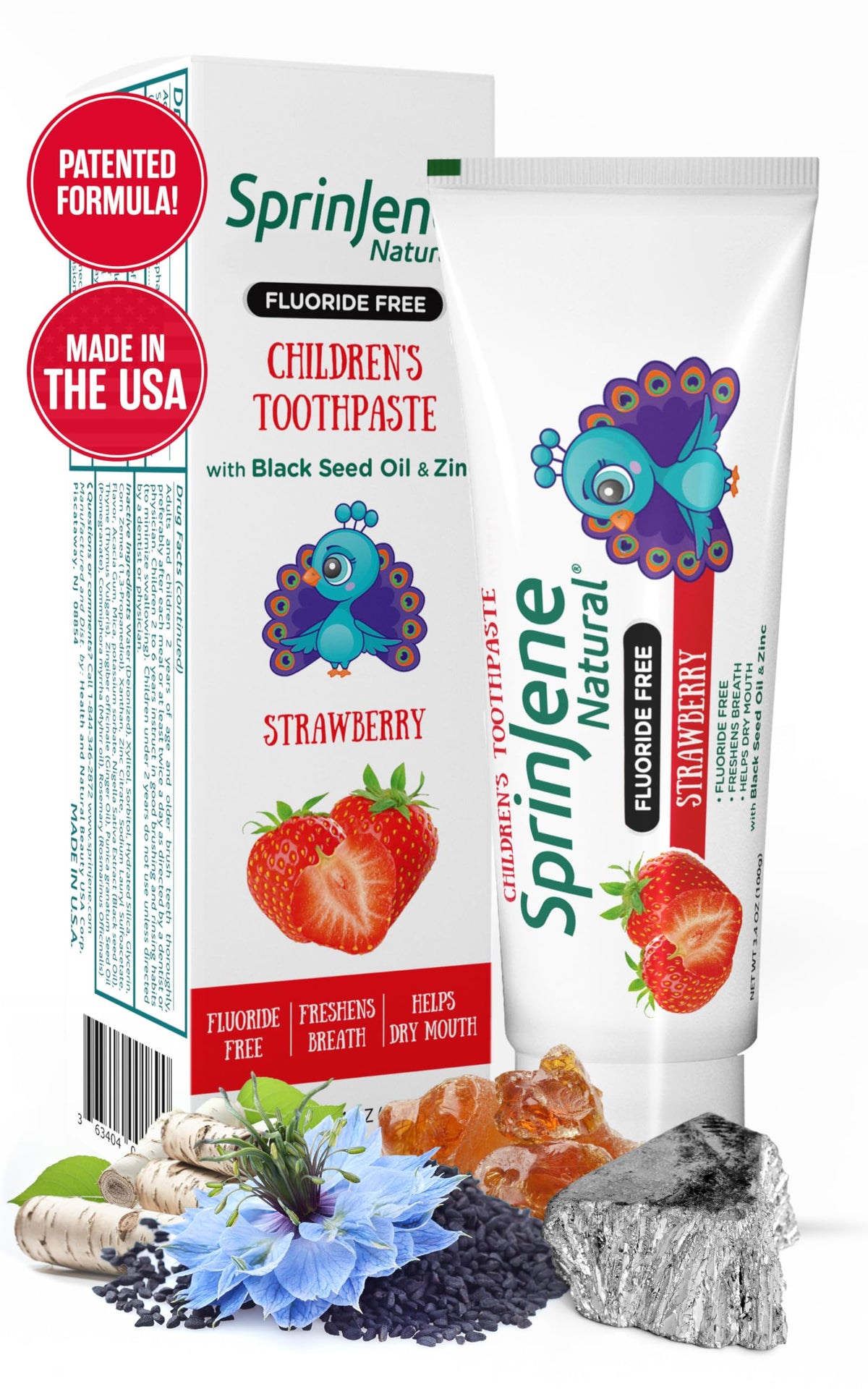 Front view of SprinJene fluoride-free strawberry toothpaste for kids