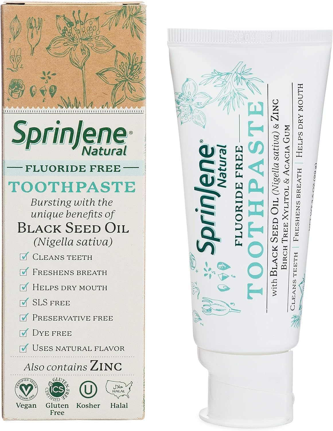 SprinJene Natural Toothpaste tube featuring clove and mint flavor