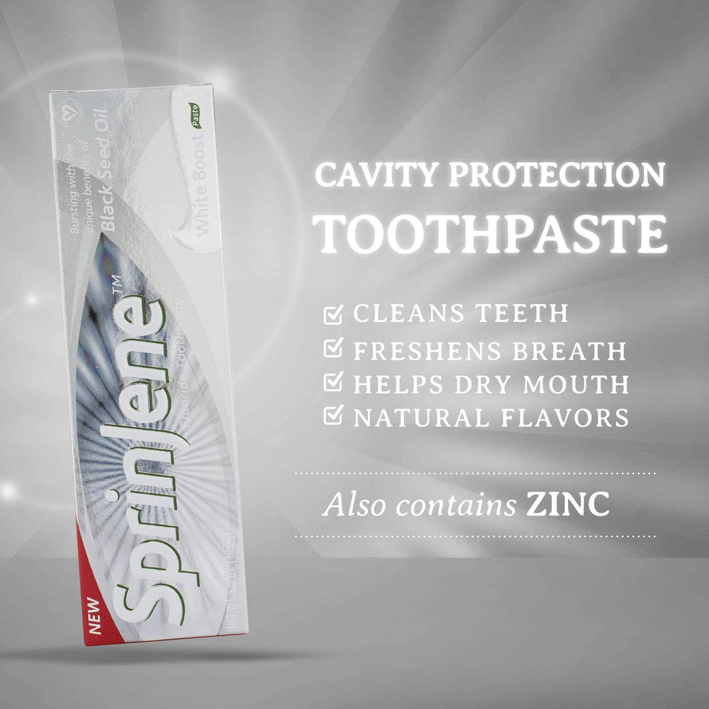 Four-pack of SprinJene Original White Boost toothpaste tubes