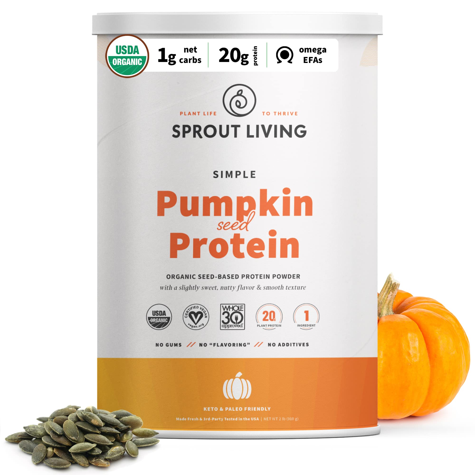 Sprout Living pumpkin seed protein powder in a bag highlights organic protein for vegan meals.