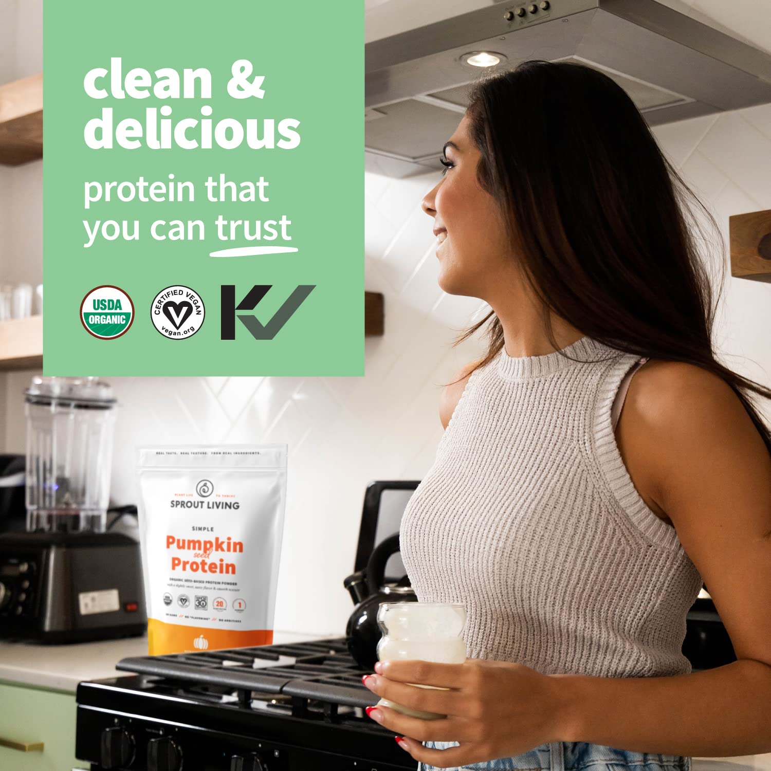 Sprout Living pumpkin seed protein scoop dispensing powder into shaker.