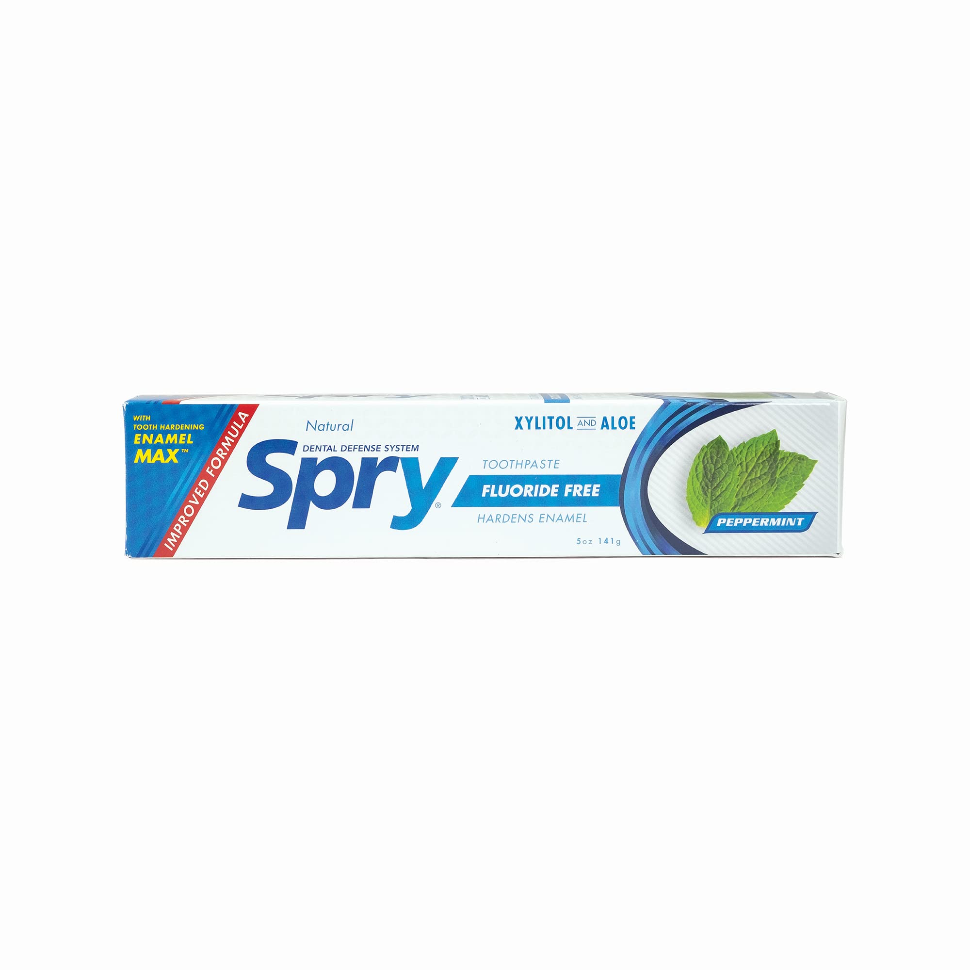 Front view of Spry Xylitol toothpaste 5oz tube with peppermint label