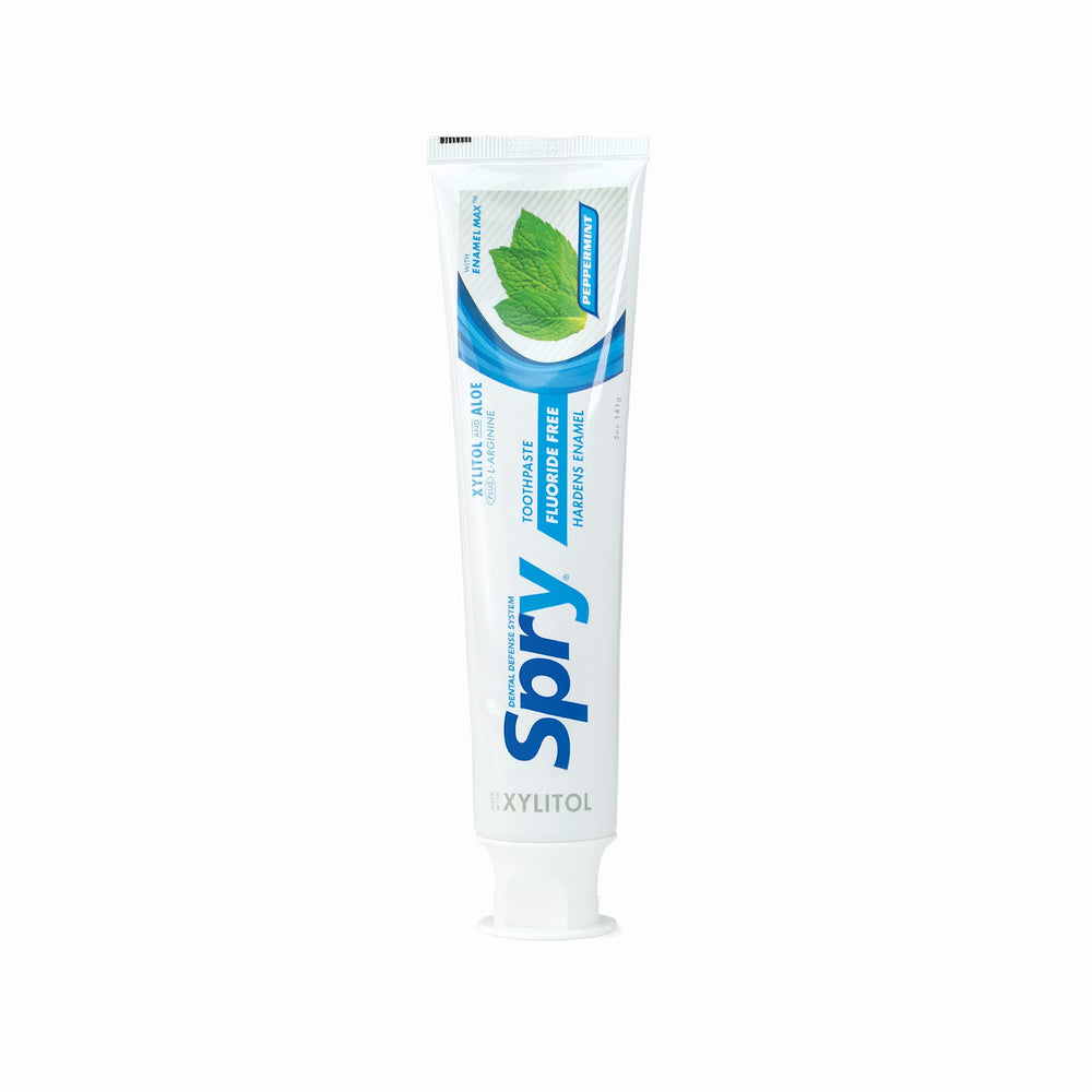 Peppermint leaves with toothpaste branding for Spry Xylitol