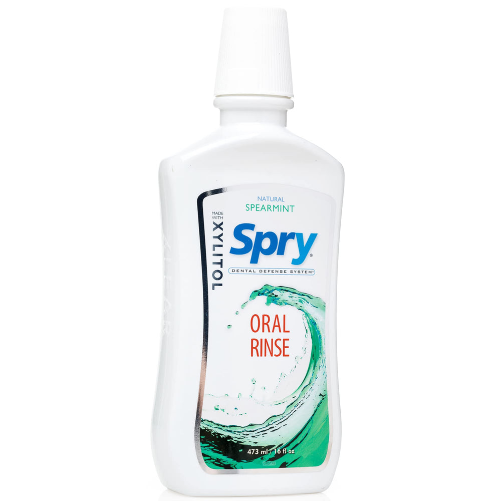 Close-up of Spry mouthwash label highlighting xylitol and fluoride-free