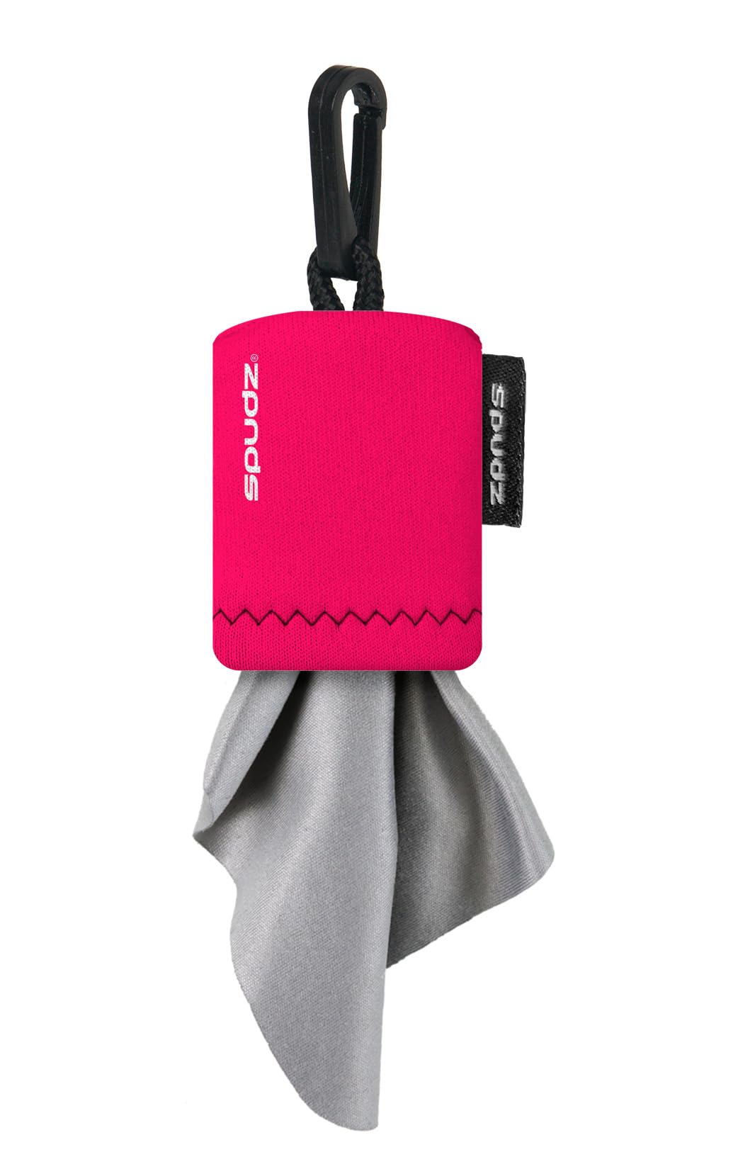 SPUDZ 6x6 hot pink microfiber cloth attached to closable neoprene pouch
