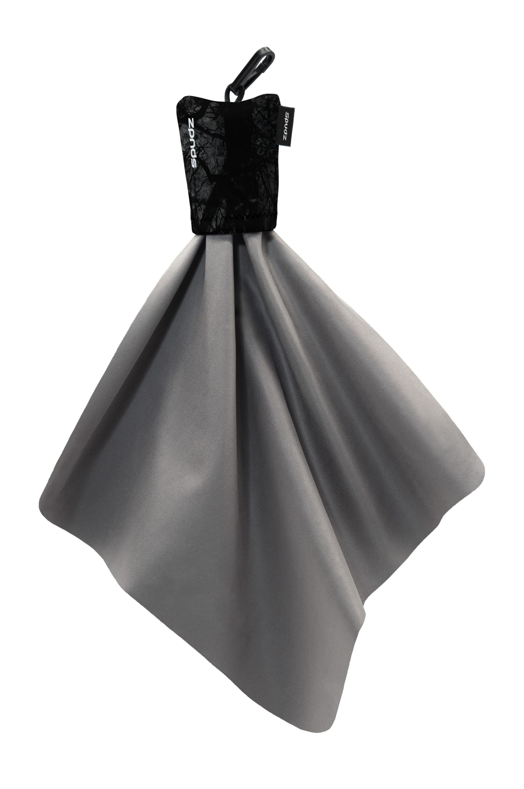 SPUDZ Classic microfiber lens cleaner clipped to its neoprene travel pouch