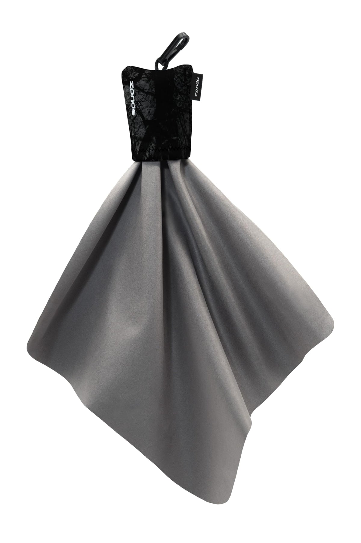 SPUDZ Classic microfiber lens cleaner clipped to its neoprene travel pouch