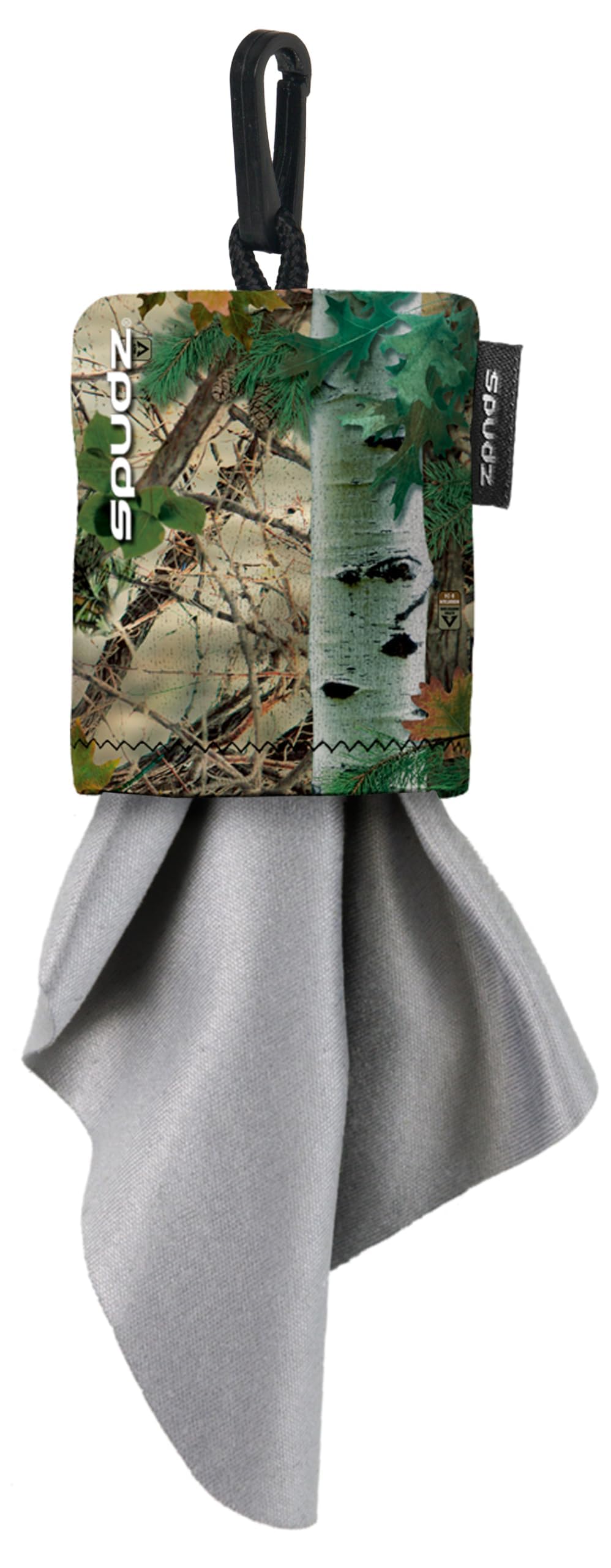 SPUDZ Classic microfiber cloth tucked in Alpine Mountain Camo clip-on pouch