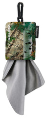 SPUDZ Classic microfiber cloth tucked in Alpine Mountain Camo clip-on pouch