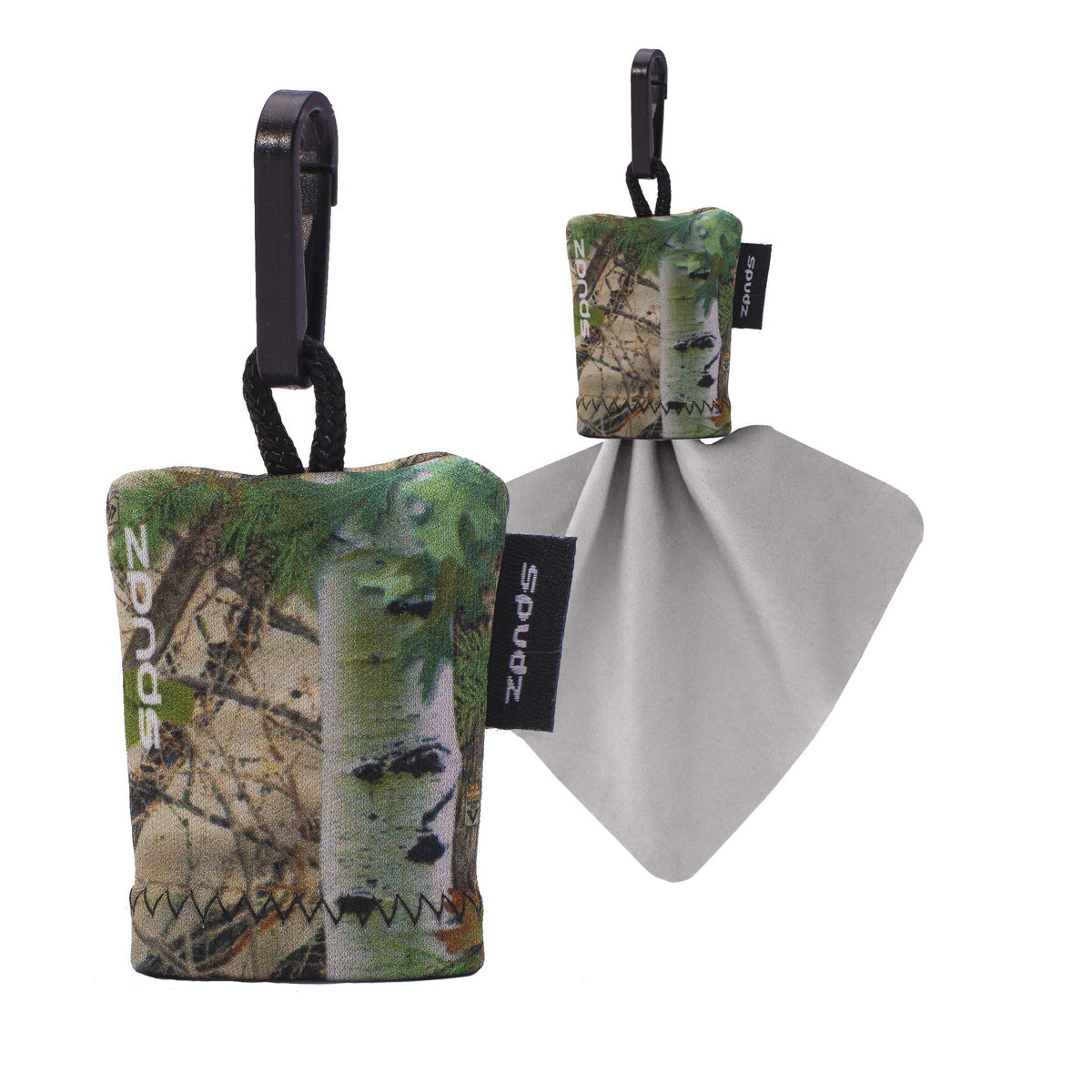 SPUDZ Classic Microfiber Lens Cleaner in clip-on pouch with Alpine Mountain Camo