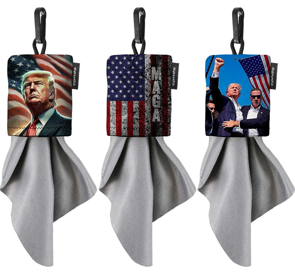SPUDZ Classic Trump MAGA Variety Pack with three 10x10 microfiber towels in neoprene pouches