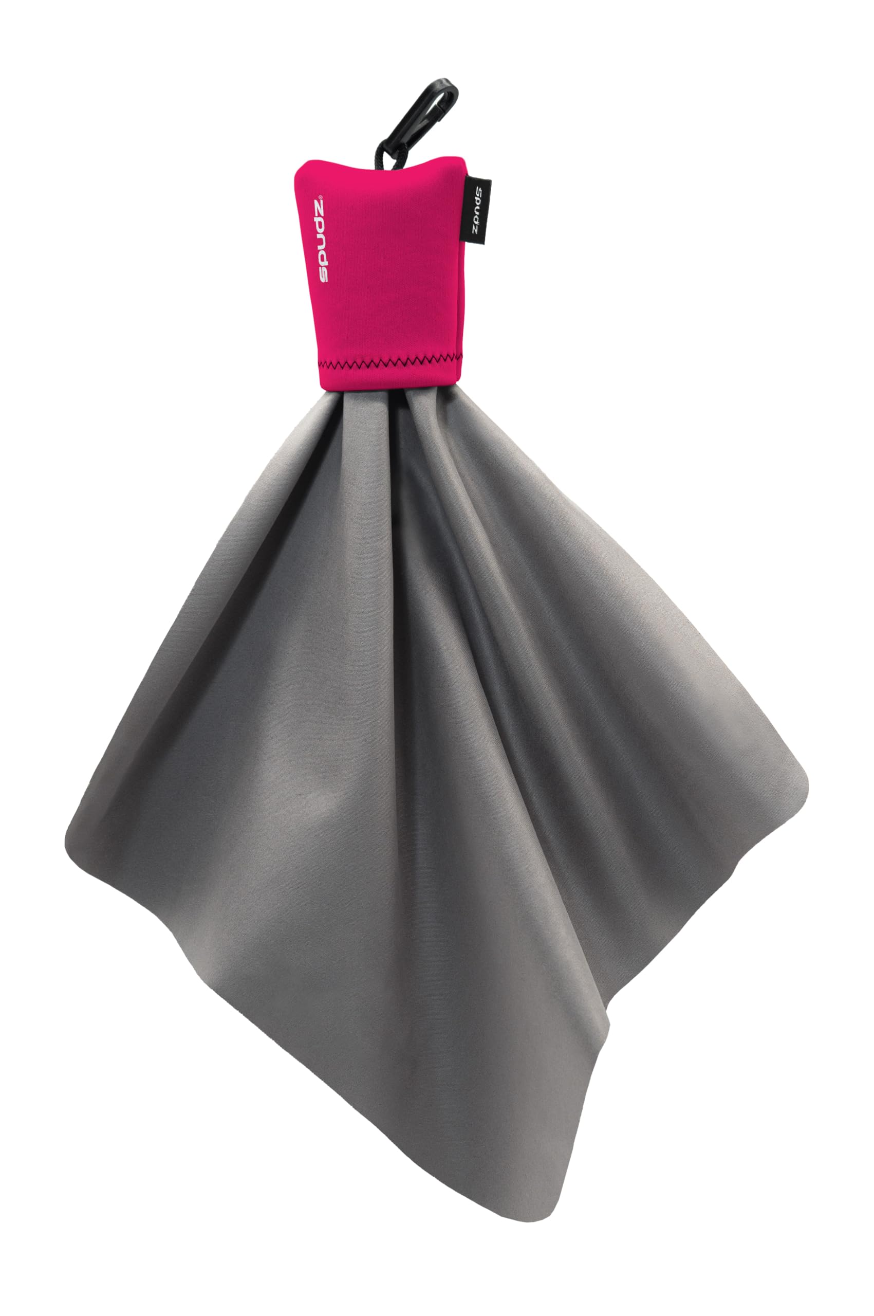 Hot pink Spudz 10x10 microfiber cloth attached to a closable neoprene pouch