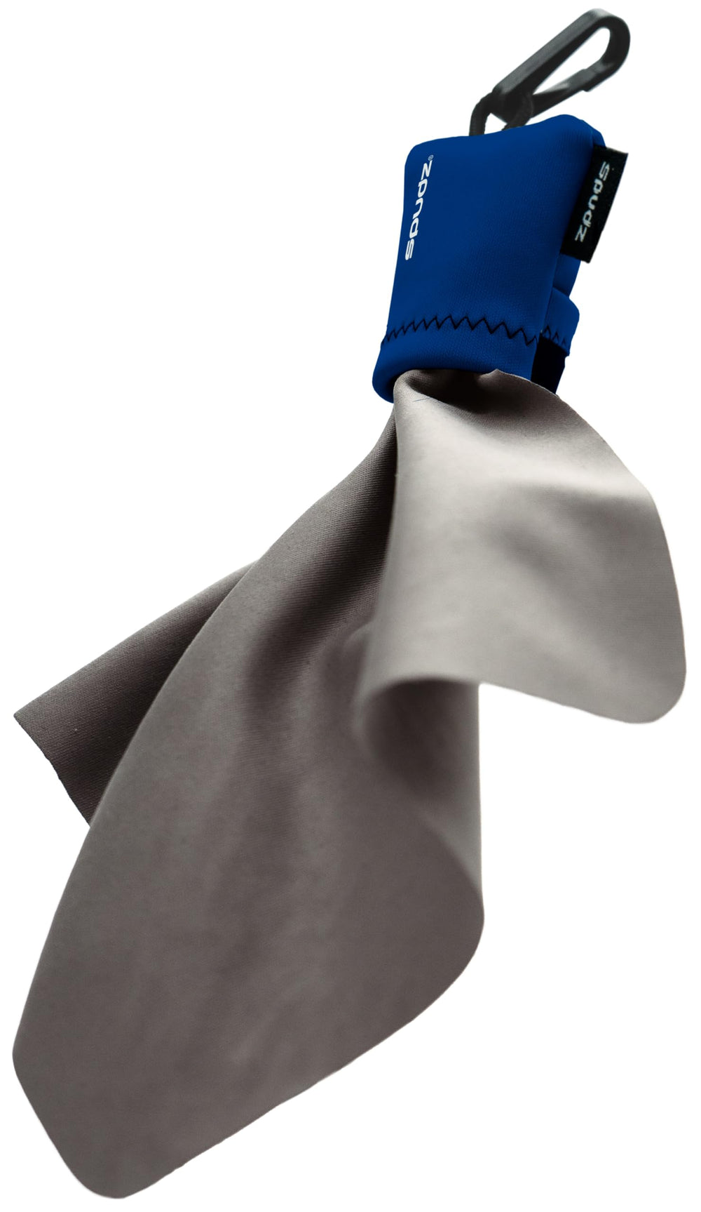 SPUDZ Ultra Navy Blue microfiber lens cloth attached to closable neoprene pouch, 6x6 inch