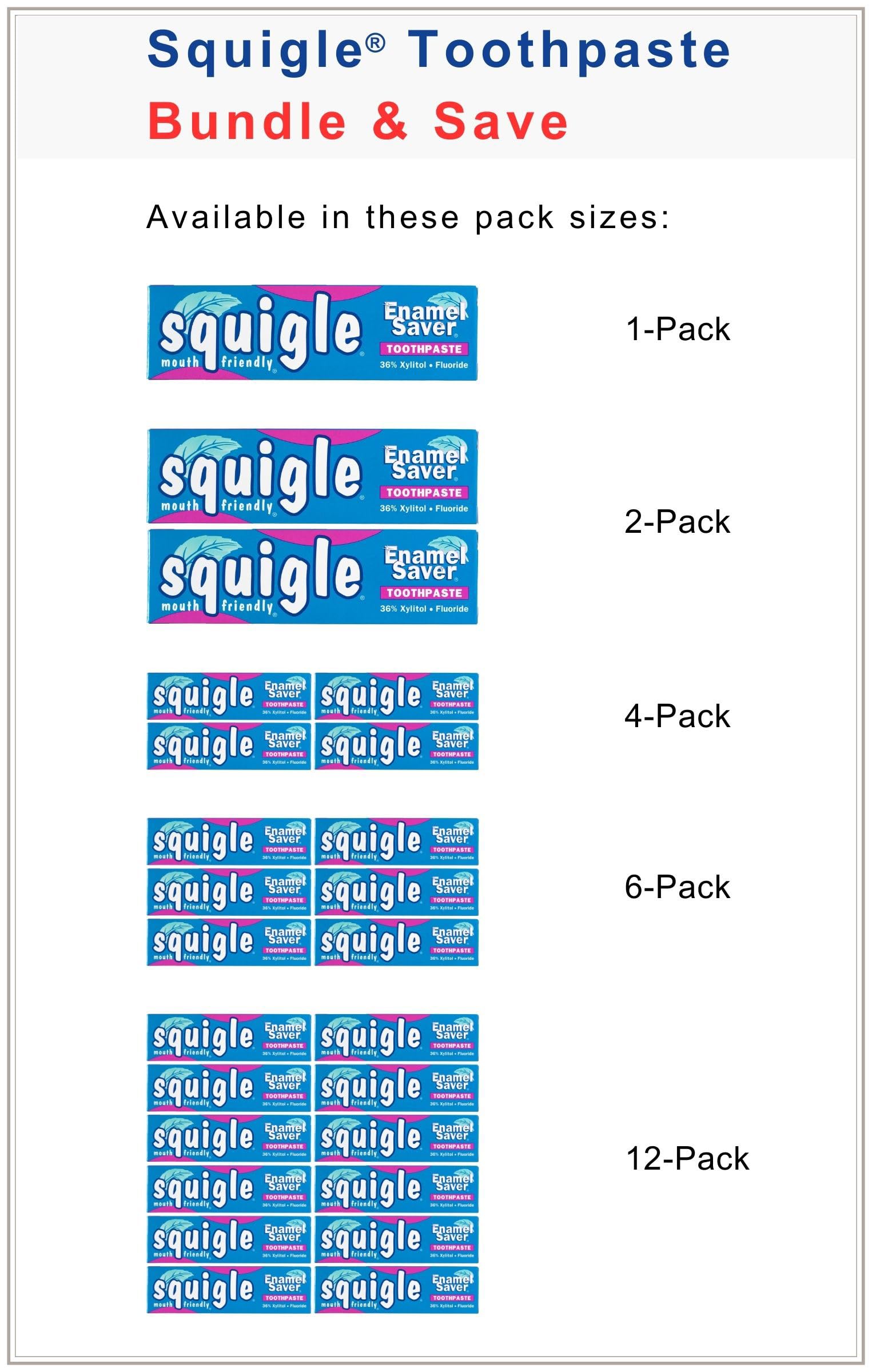 6-pack packaging of Squigle Enamel Saver Toothpaste
