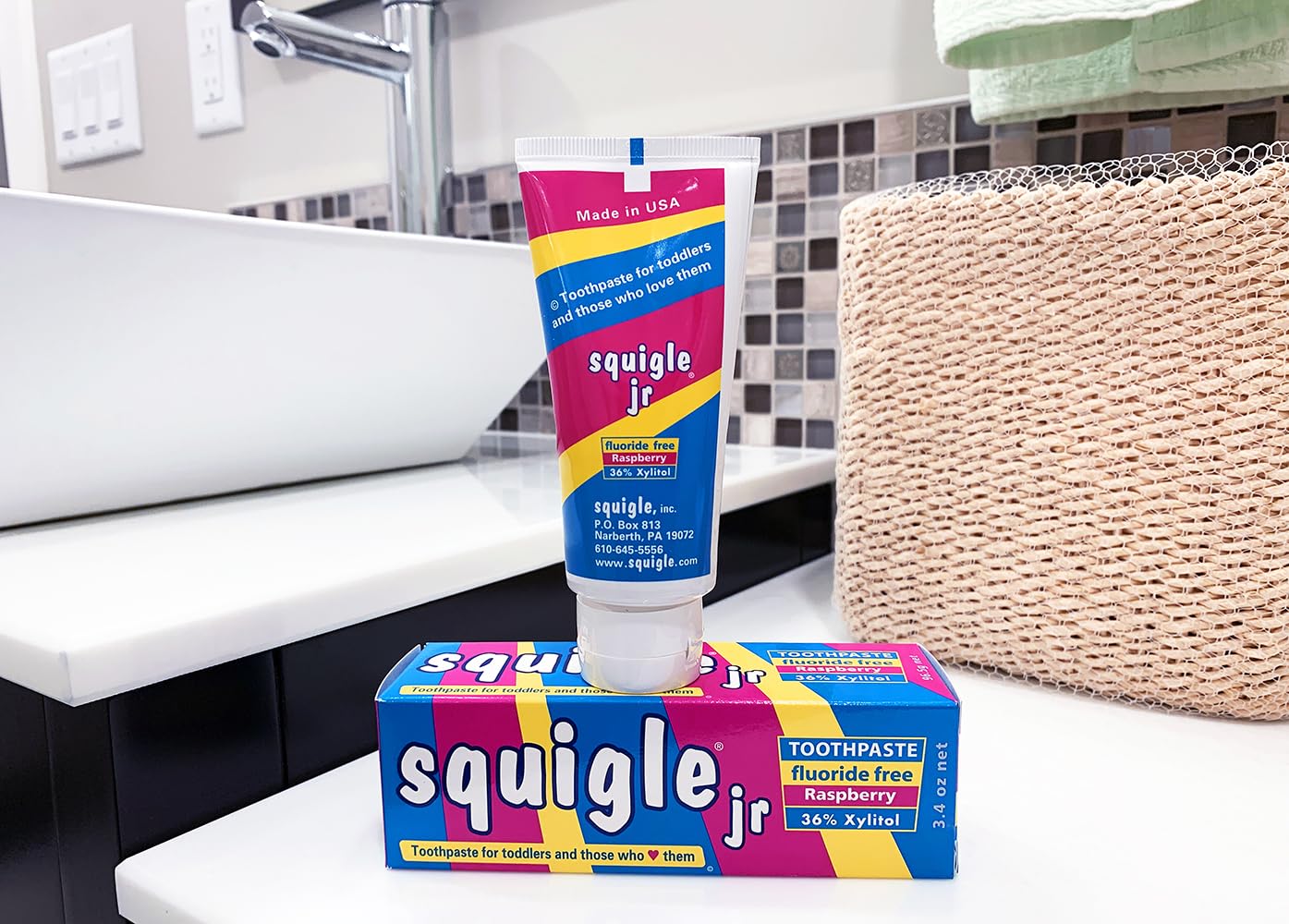 Baby-friendly toothpaste use and safety features of Squigle Jr