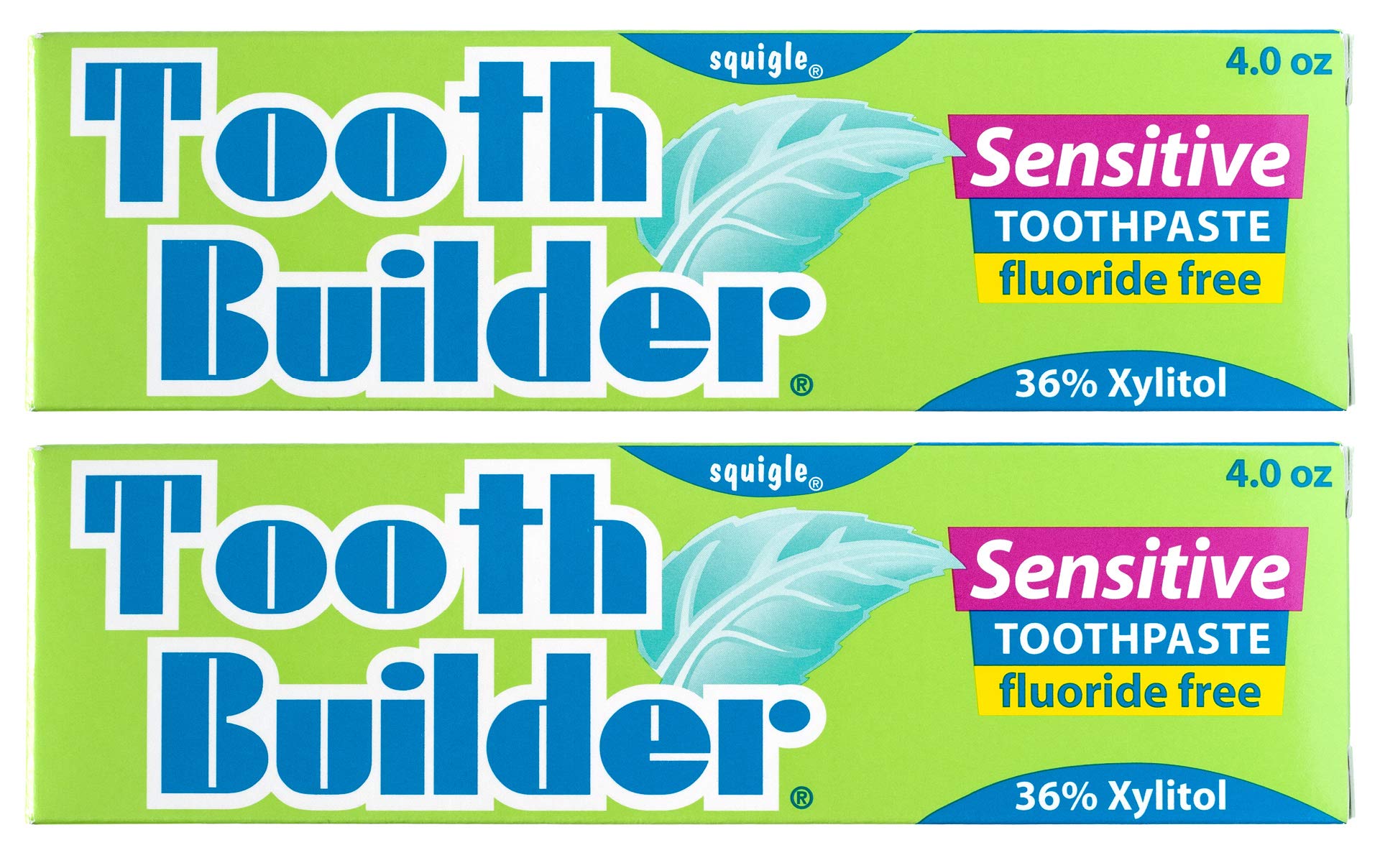 Squigle Tooth Builder toothpaste tube with SLS-free and fluoride-free labeling