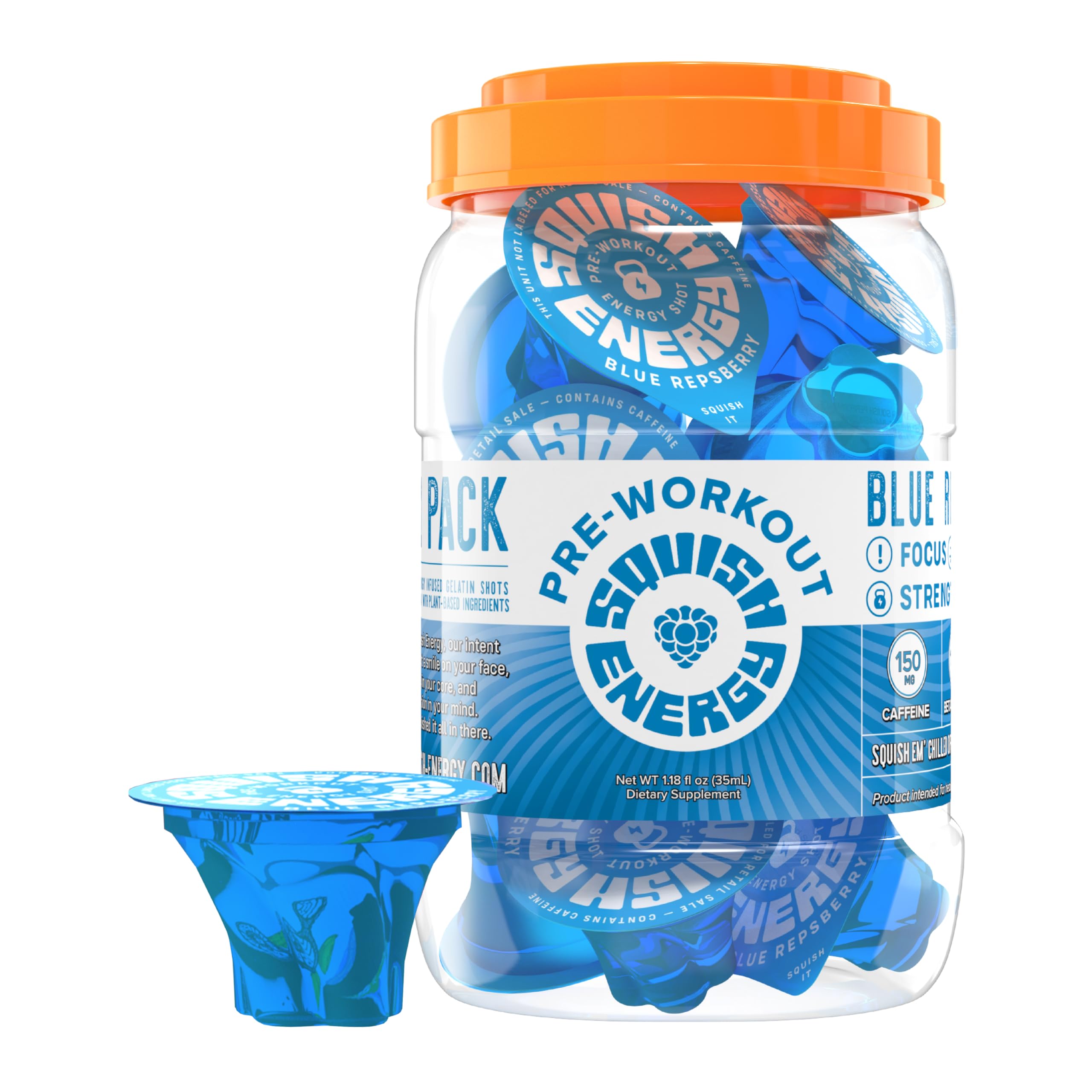 Squish blue raspberry gummy shot ready for a quick pre-workout energy boost.