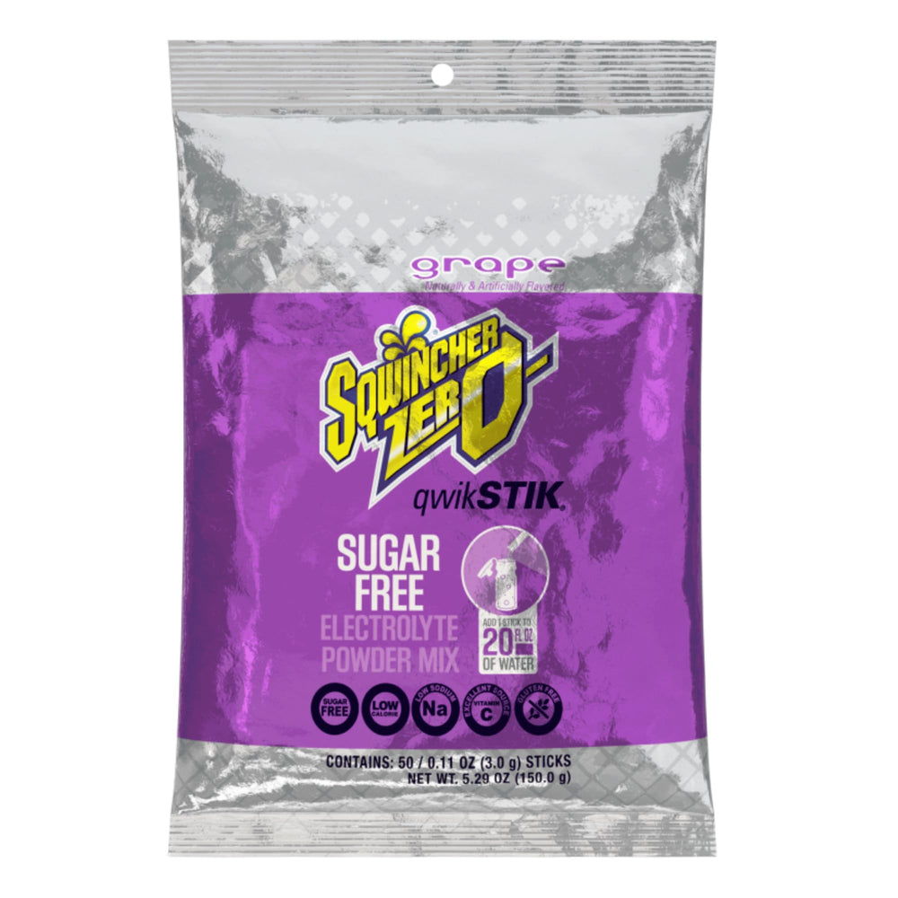 Sqwincher Zero Qwik Stik grape bag showcases convenient, ready-to-use hydration on the go.