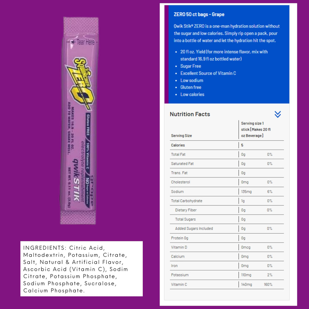 Sqwincher Zero Qwik Stik grape stick closeup highlighting portable zero-sugar flavor.
