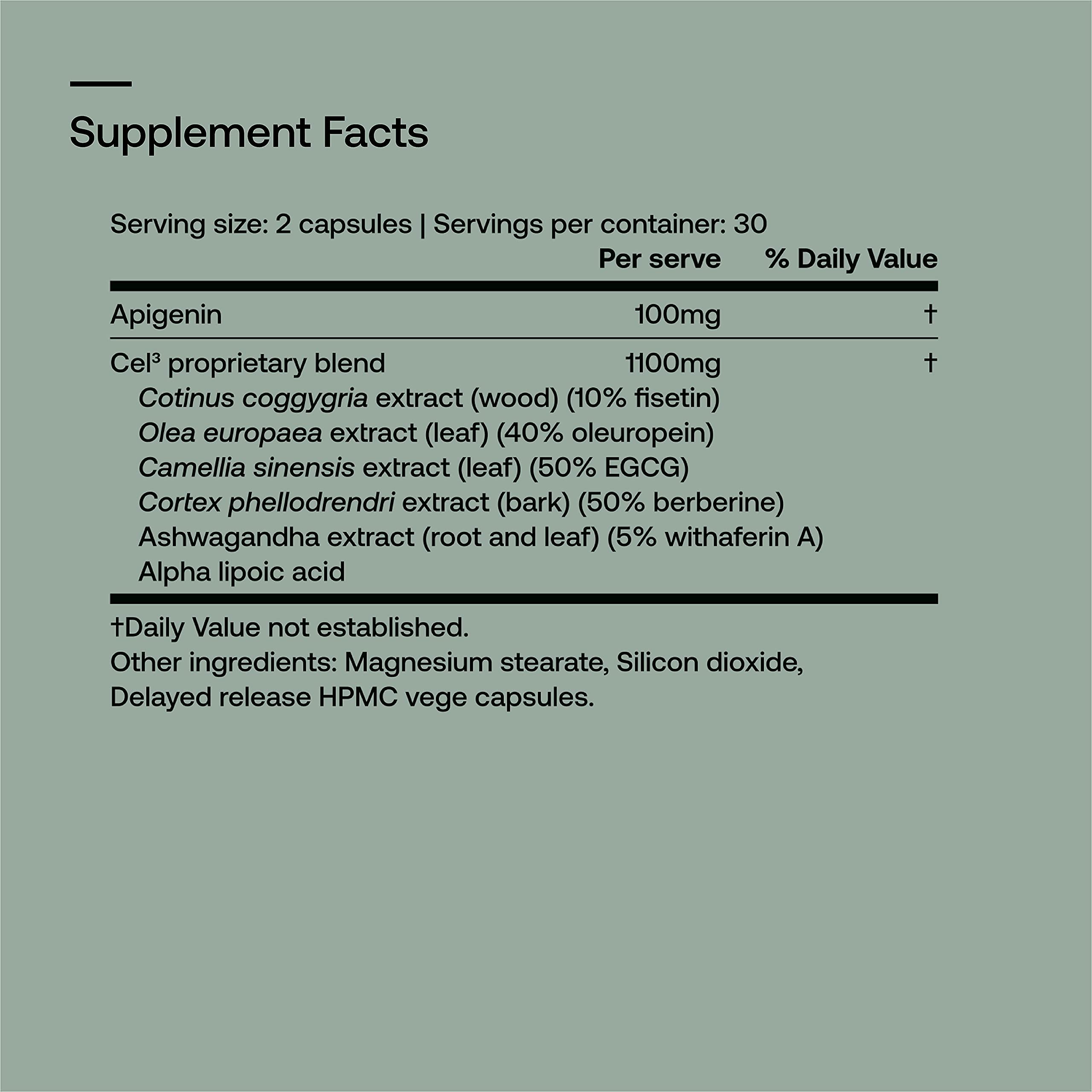 Cel³ Renewal bottle label highlighting Fisetin, Apigenin and Oleuropein