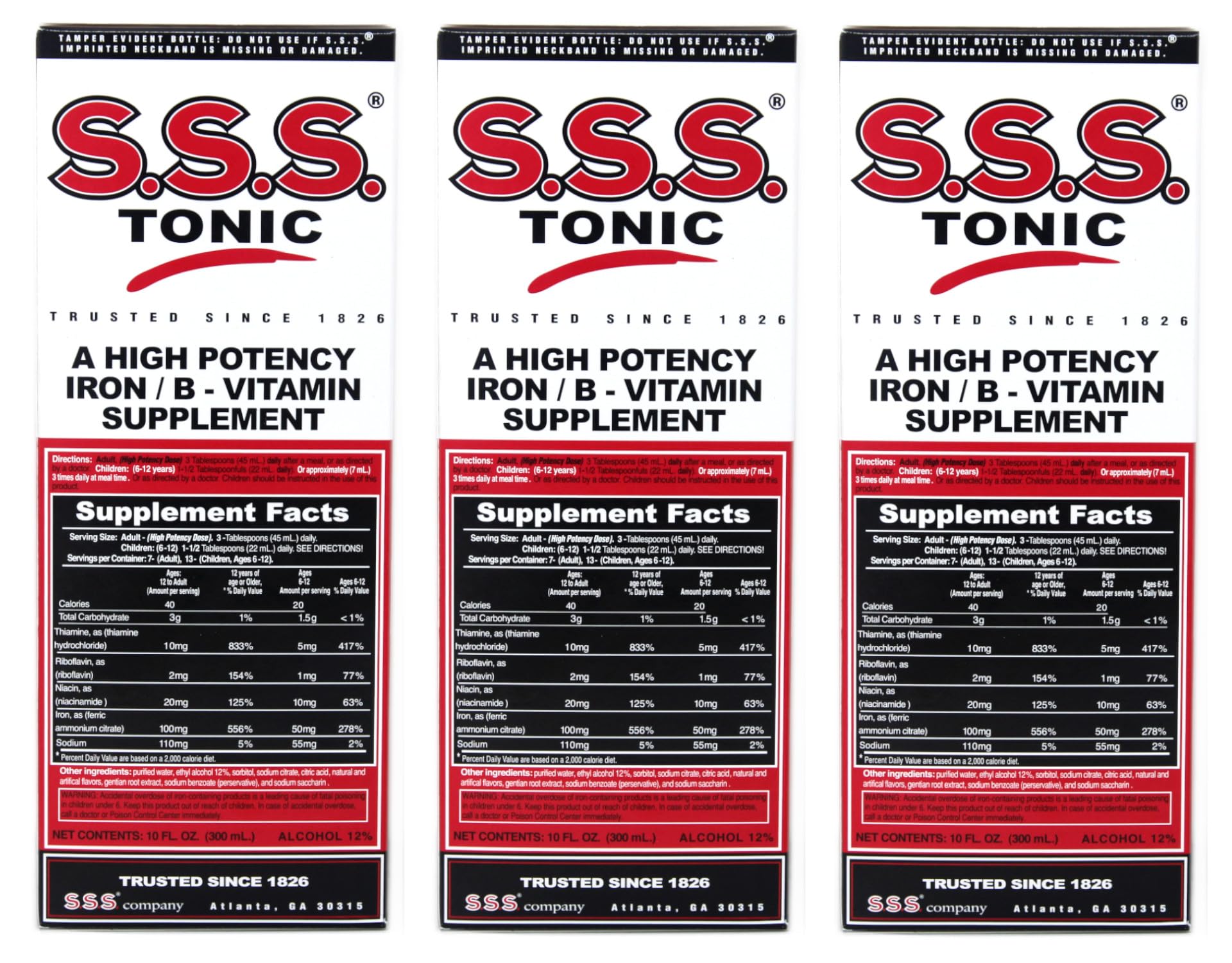 Front view of SSS Tonic Pack of 3 10oz bottles