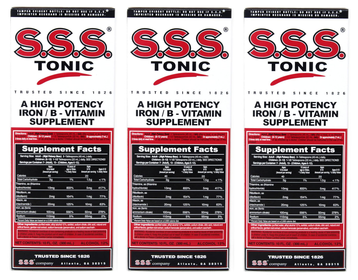 Front view of SSS Tonic Pack of 3 10oz bottles
