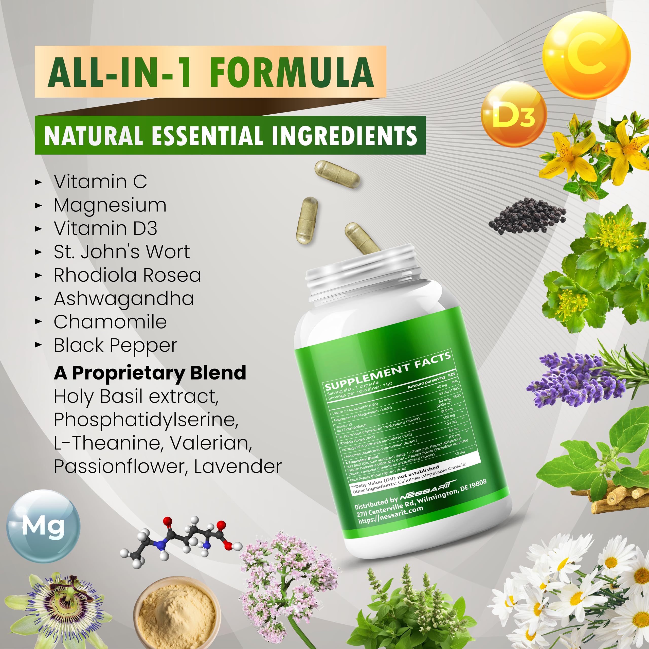 Close up of Rhodiola Rosea, Ashwagandha, Chamomile and Black Pepper in formula