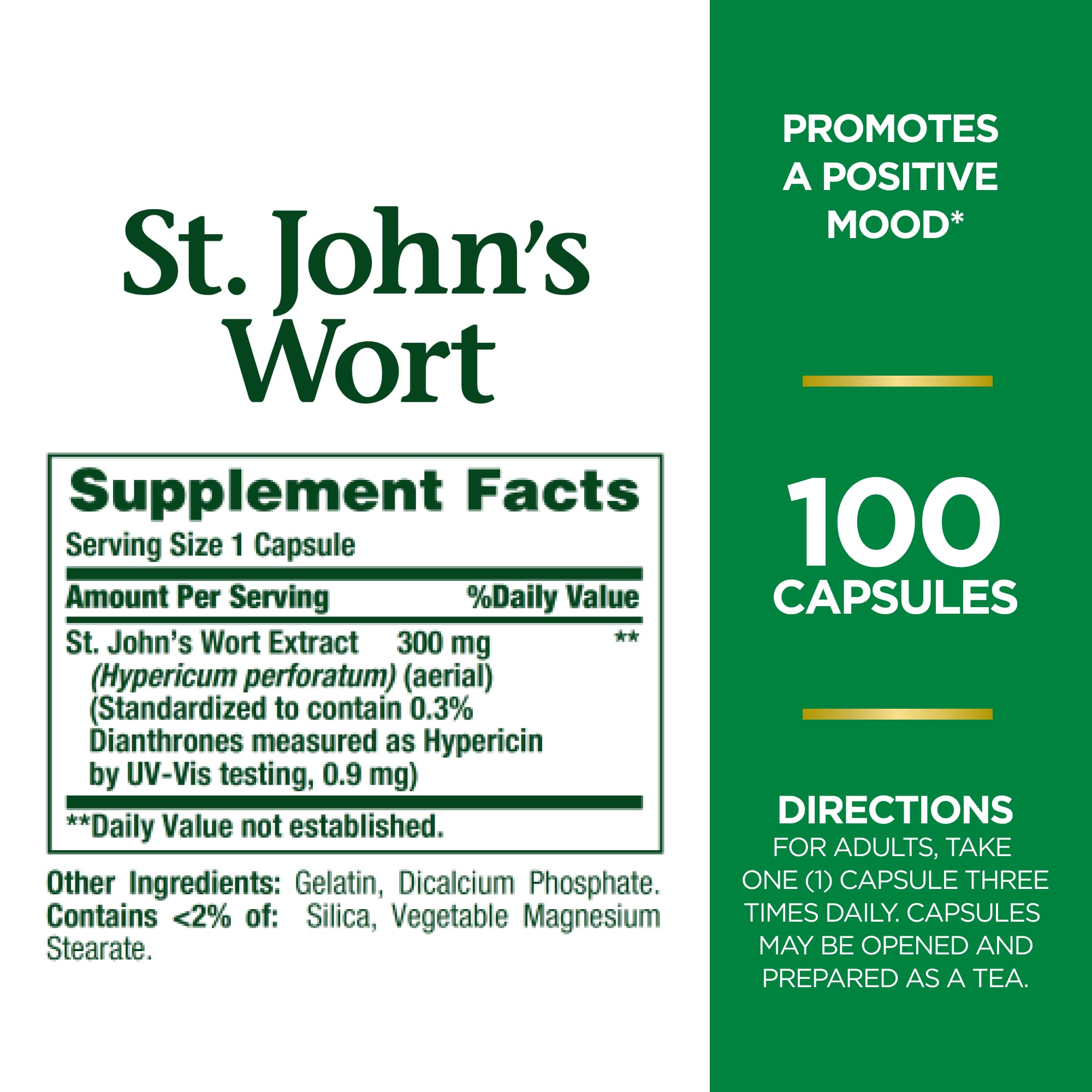 Close-up of St. John's Wort 300mg capsules bottle label