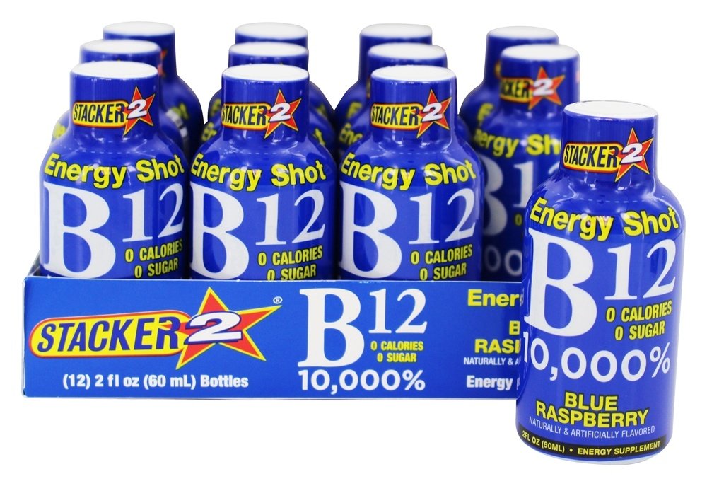 Stacker 2 blue raspberry energy shot 12-pack on-the-go energy boost for busy mornings
