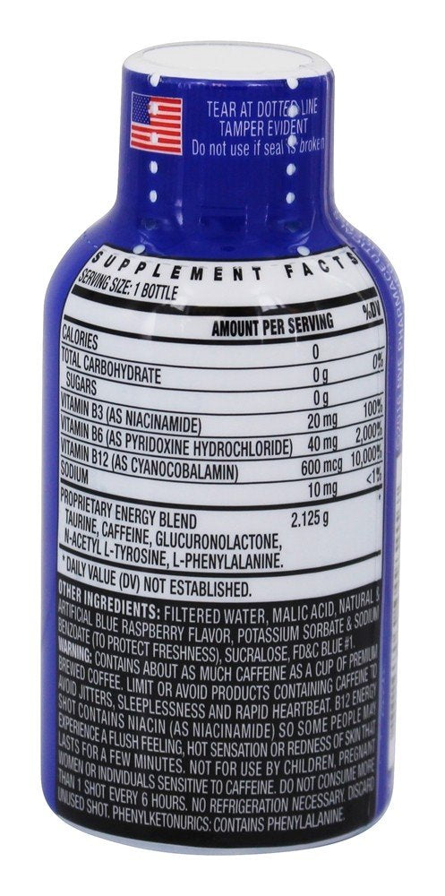 Stacker 2 blue raspberry energy shot bottle close-up showing convenient single-dose energy option