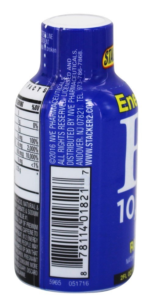 Stacker 2 blue raspberry energy shot splash image emphasizing refreshing flavor and quick pick-me-up