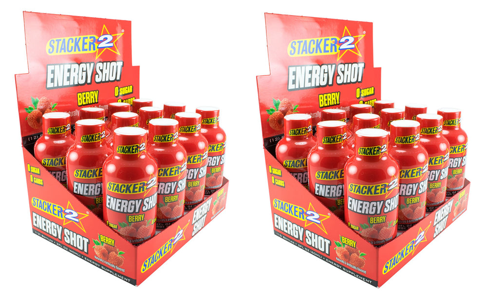 Close-up of Stacker 2 Berry Energy Shot bottle