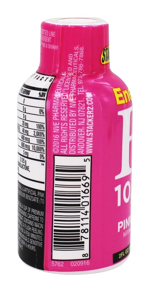 Stacker 2 Pink Lemonade energy shot label closeup highlighting branding and caffeine blend.