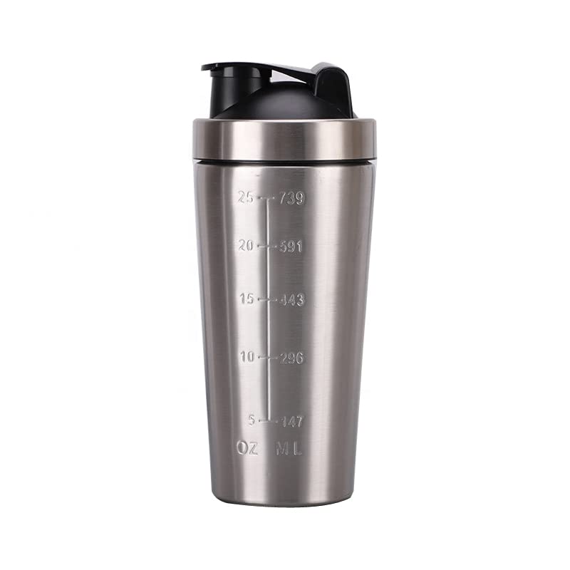 Stainless steel protein shaker with durable lid and bottle interior