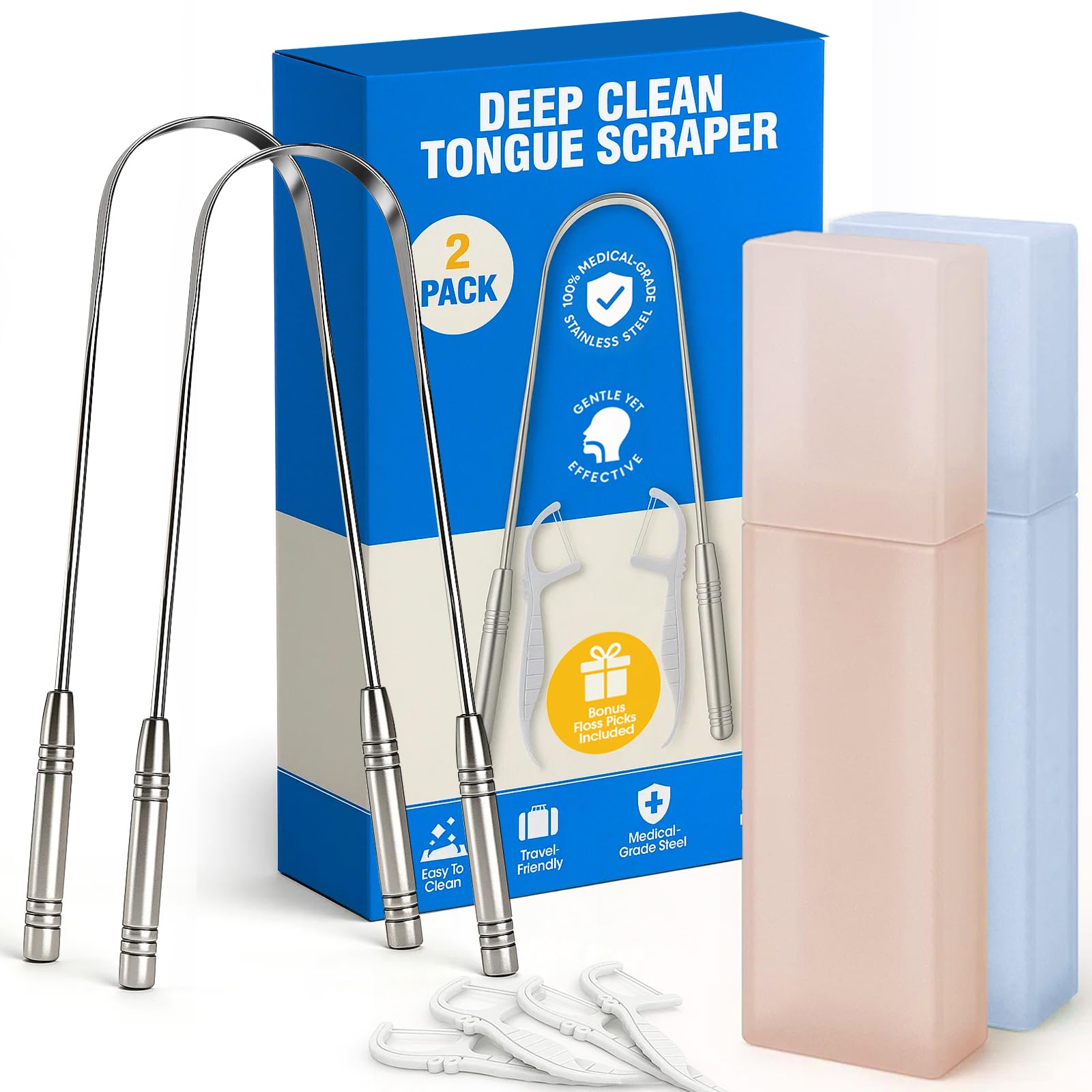 Front view of Stainless Tongue Scraper Set in stainless steel