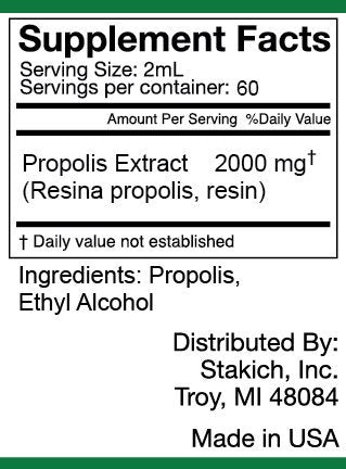 Close-up of Stakich Propolis Extract label on 4 oz bottle
