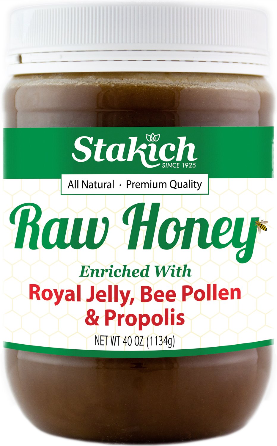 Front view of Stakich Raw Honey 40 oz with royal jelly, bee pollen, and propolis