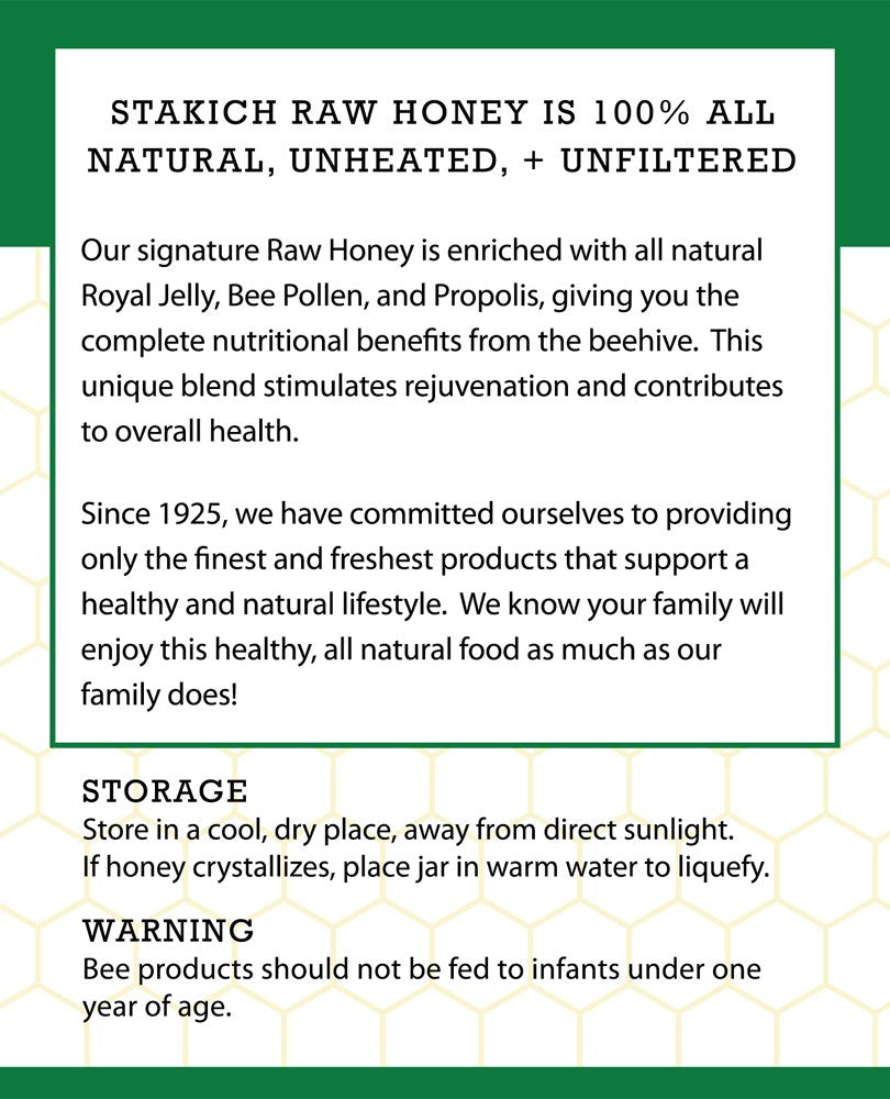Label and packaging of Stakich Raw Honey with royal jelly, bee pollen, and propolis
