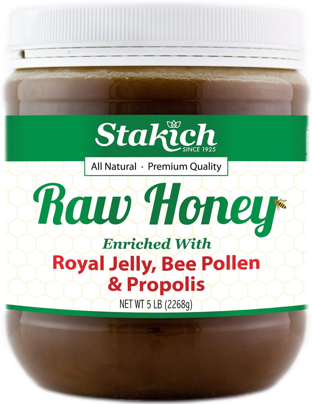 Stakich Royal Jelly, Bee Pollen & Propolis Enriched Raw Honey - 5 lb (80 oz)