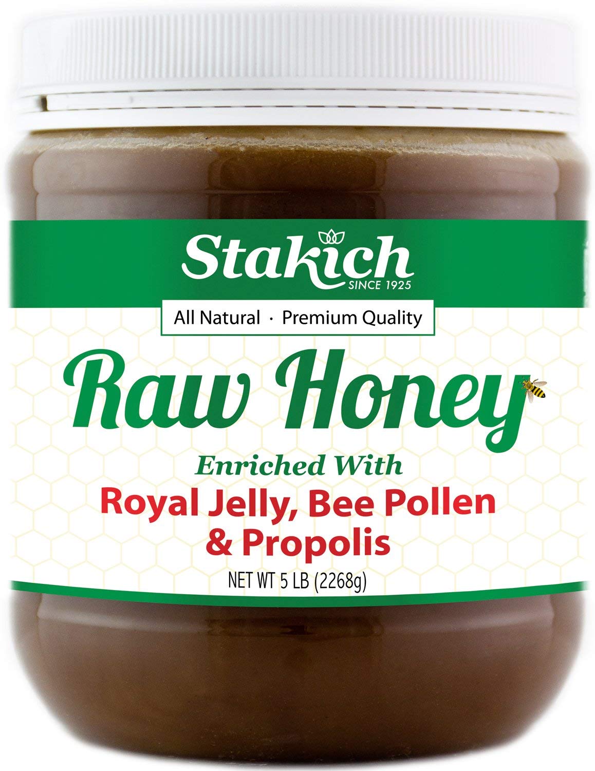 Stakich Royal Jelly, Bee Pollen & Propolis Enriched Raw Honey - 5 lb (80 oz)