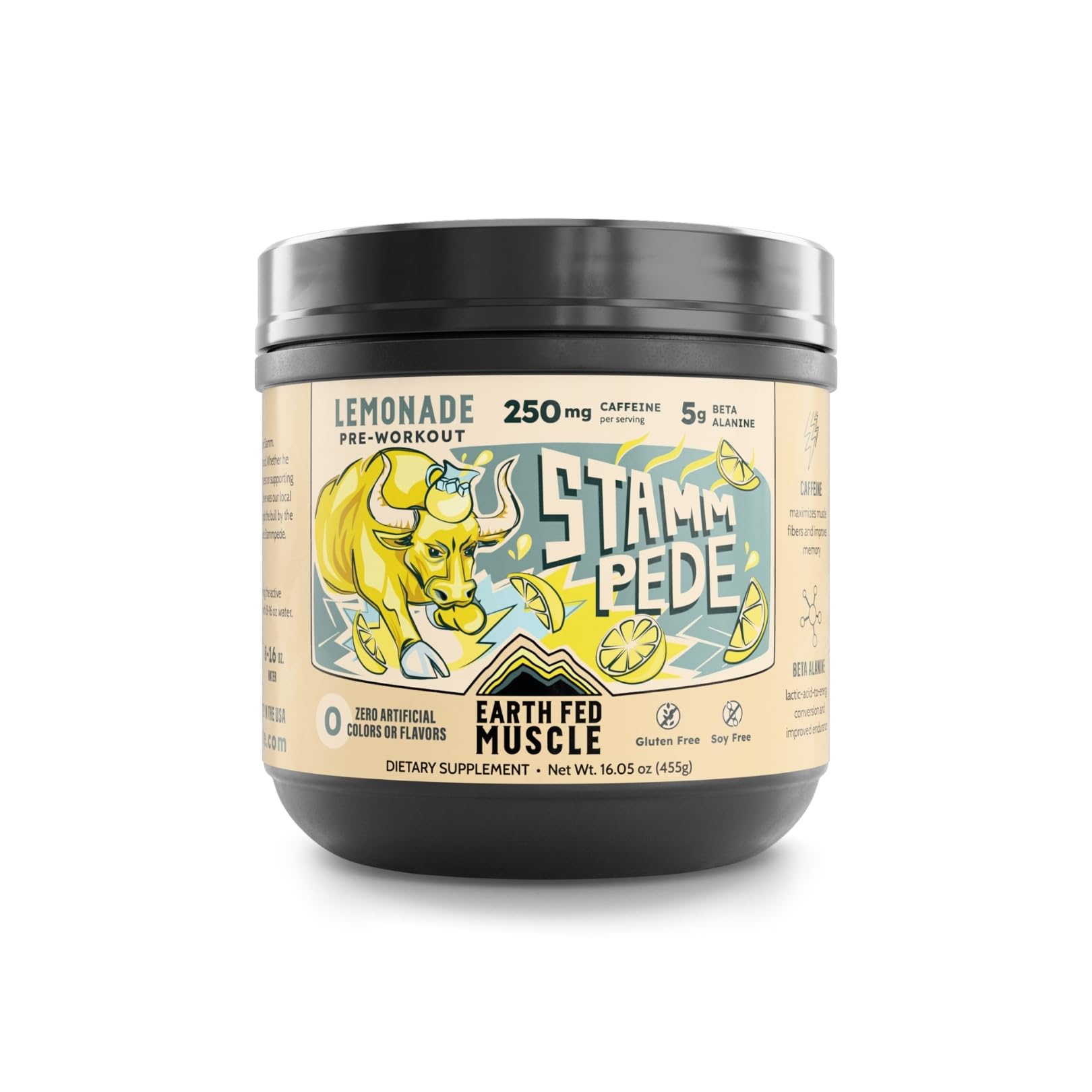 Earth Fed Muscle Stammpede Lemonade pre-workout bottle front view