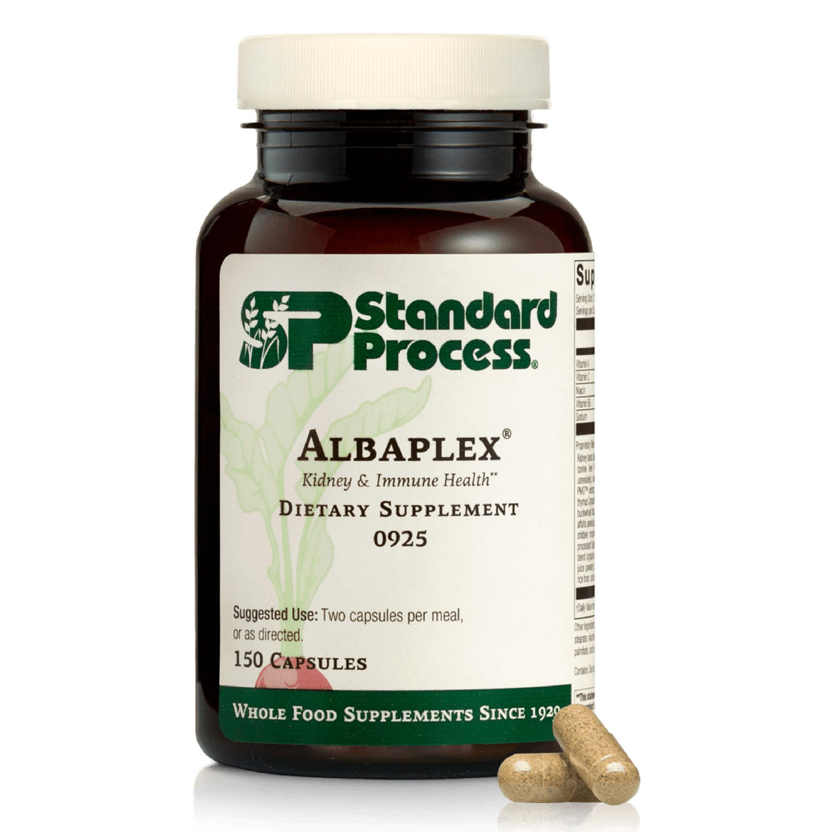 Albaplex bottle showing liver and immune support benefits.