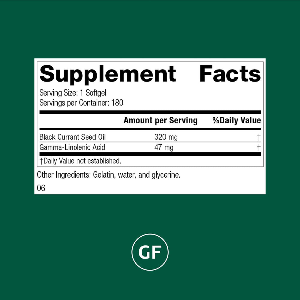 Close-up of Black Currant Seed Oil softgels showing gamma-linolenic acid (GLA)