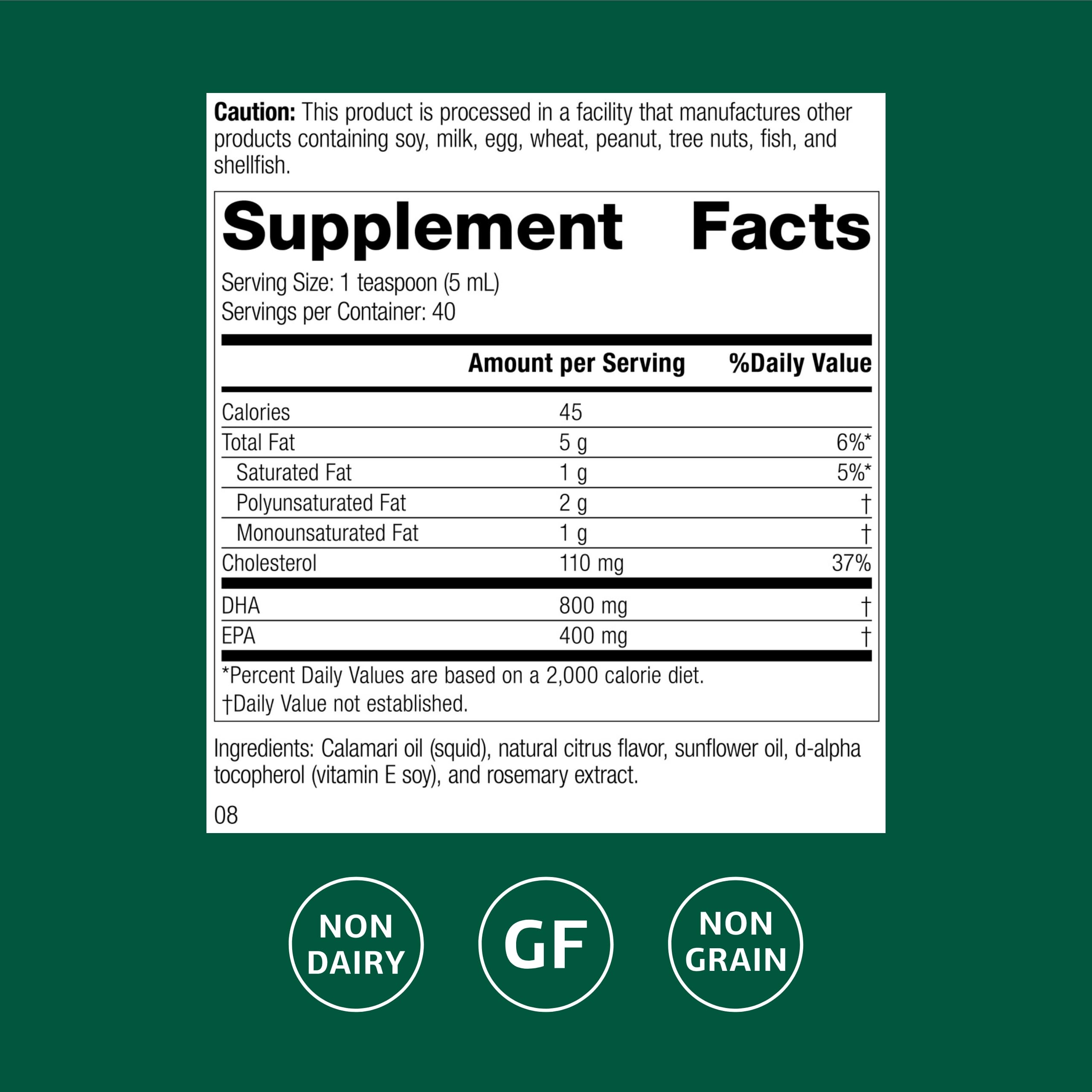 Calamari Omega-3 Liquid bottle label close-up