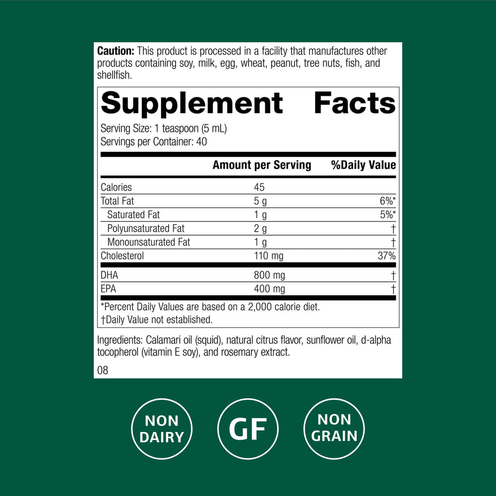 Calamari Omega-3 Liquid bottle label close-up