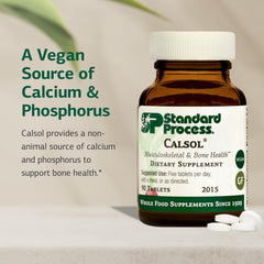 Nutrition facts panel for Standard Process Calsol showing calcium and phosphorus amounts