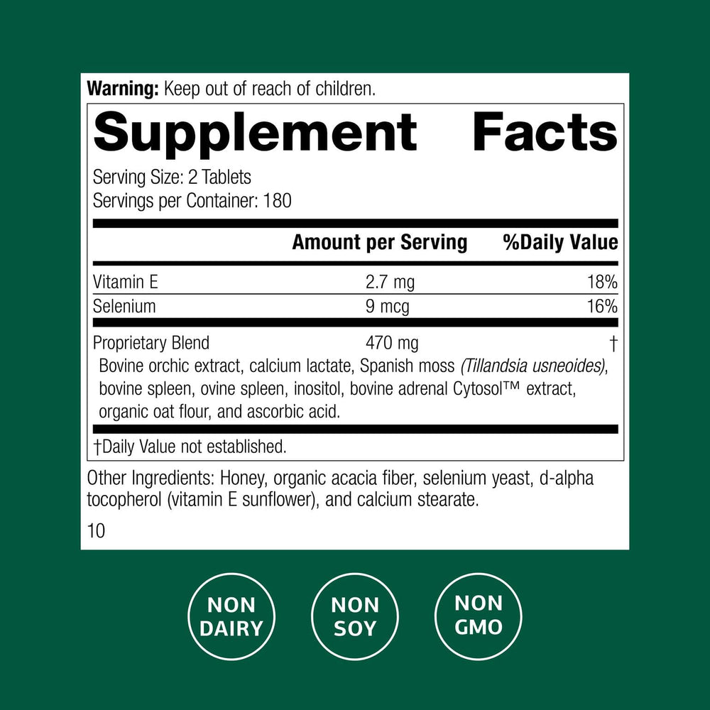 Standard Process Cataplex E2 bottle label close-up shows essential vitamin E and selenium.