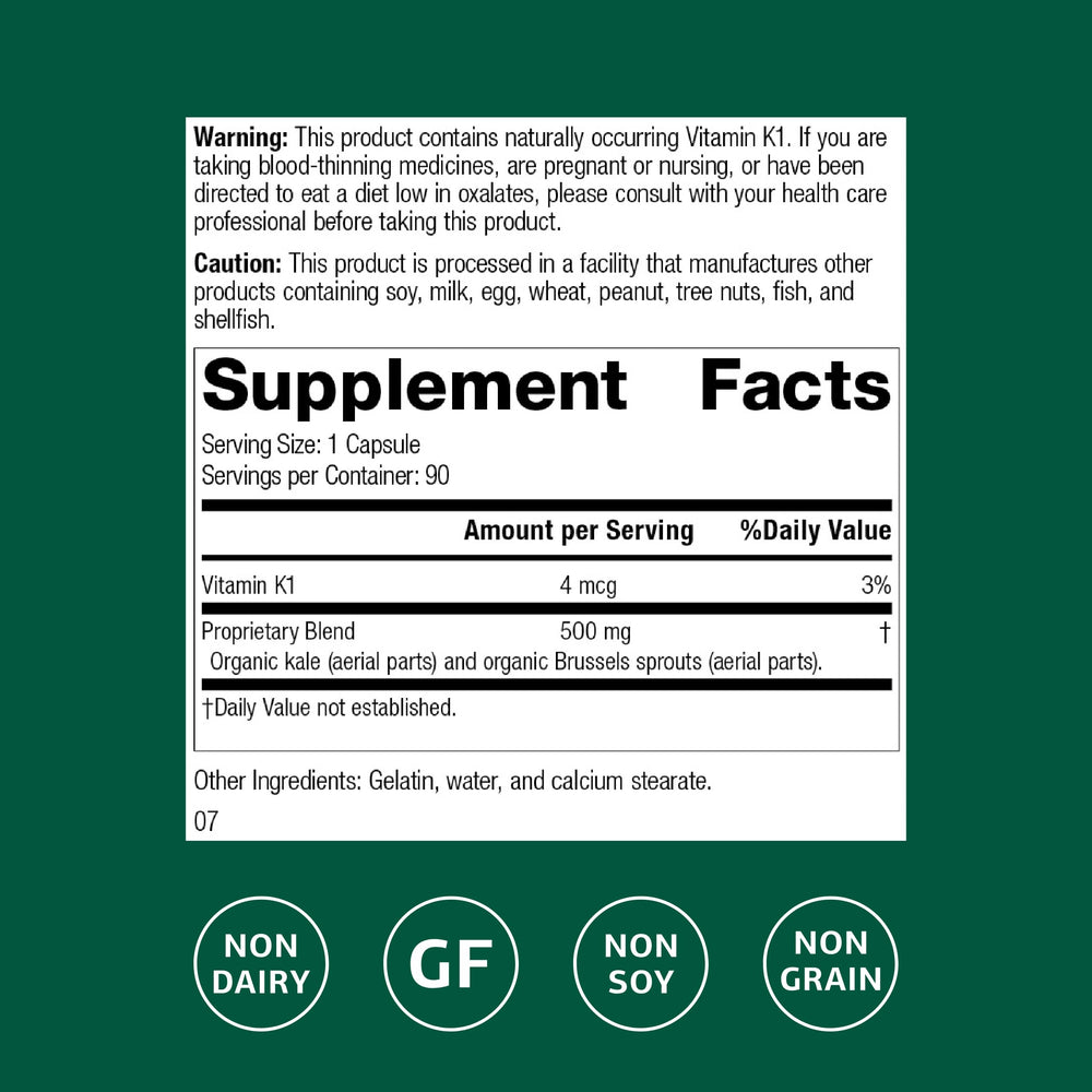 Close-up of organic kale and Brussels sprouts used in Cruciferous Complete